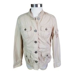 Tommy Hilfiger Women's Military Y2K Jacket Buttons Pockets Pleat Lt Khaki Sz 10